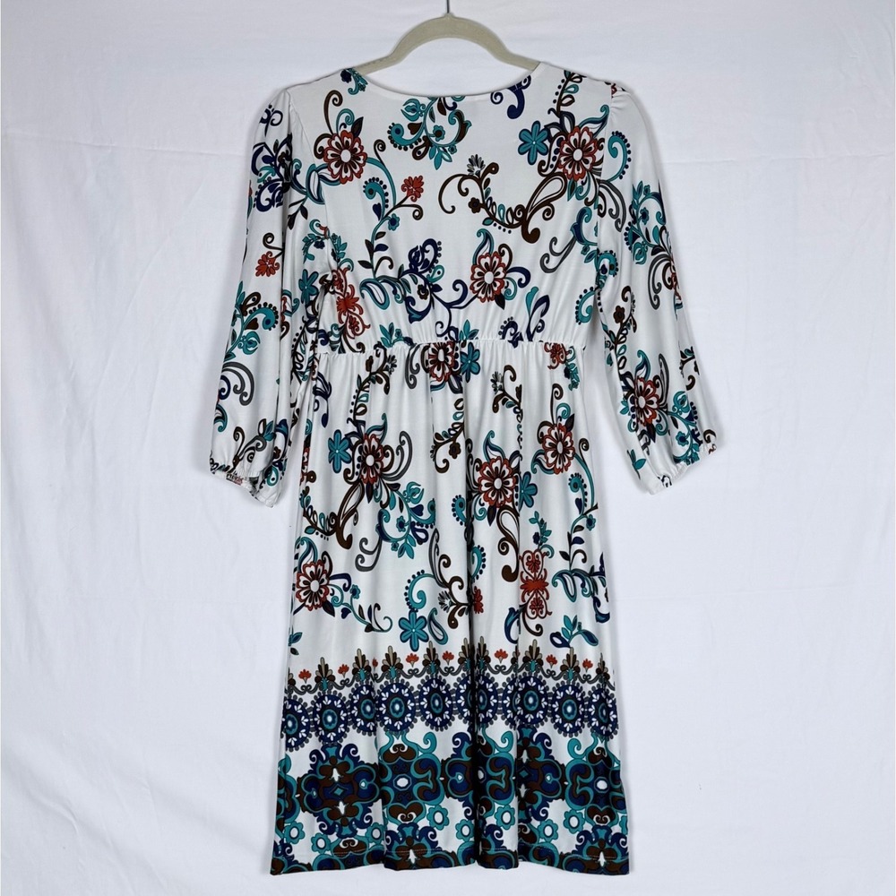 Paisley Print Deep V Neck Dress L Knee Length Puff Sleeve Summer Hippie Boho - Picture 5 of 10